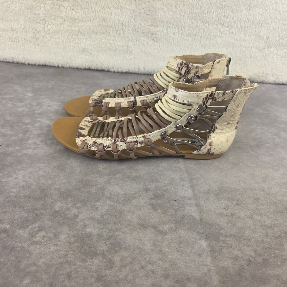 Steve Madden Gladiator Sandals Snakeskin Strappy Cage Flat Tan Cream S2115